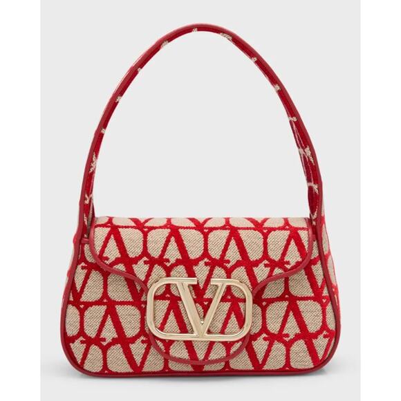 Valentino Garavani Iconographe Loco Canvas Hobo Bag Naturale Rosso V Size Small - Picture 1 of 12
